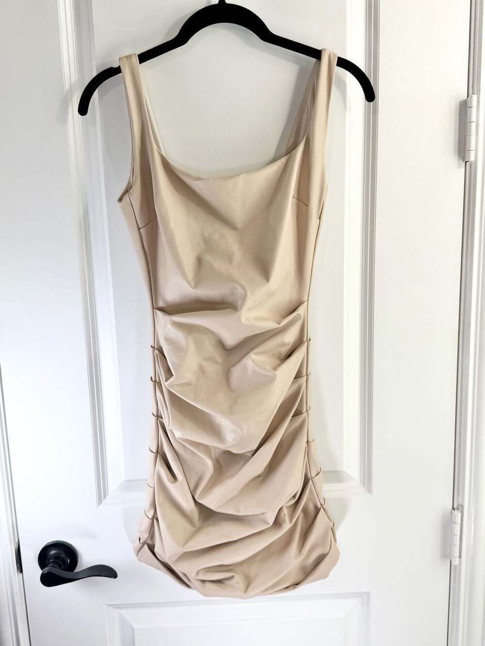 Naked Wardrobe Faux Leather Ruched Mini Dress in Beige